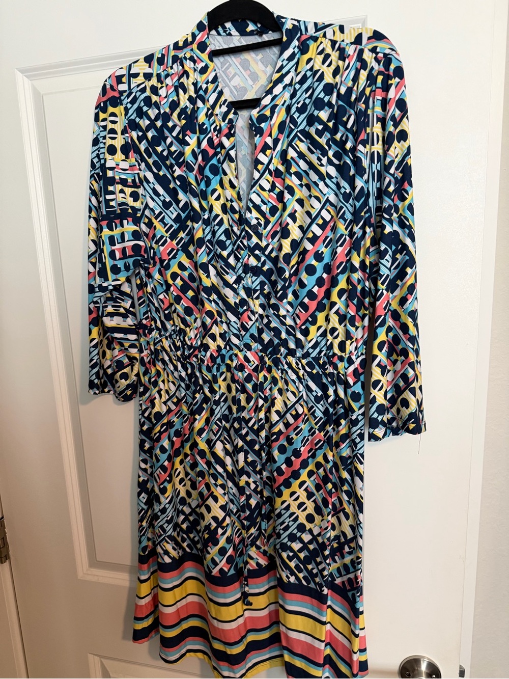 Abstract Striped Navy Midi Dress with Multi-Color Print